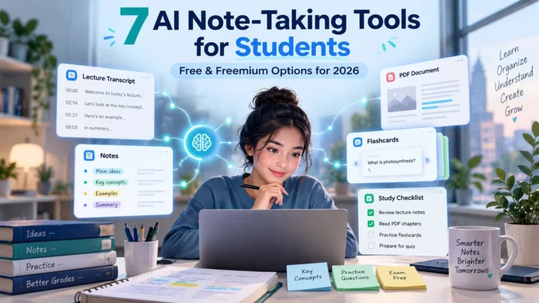 7 free and freemium AI note-taking tools for students showing notes, flashcards, transcripts and study materials