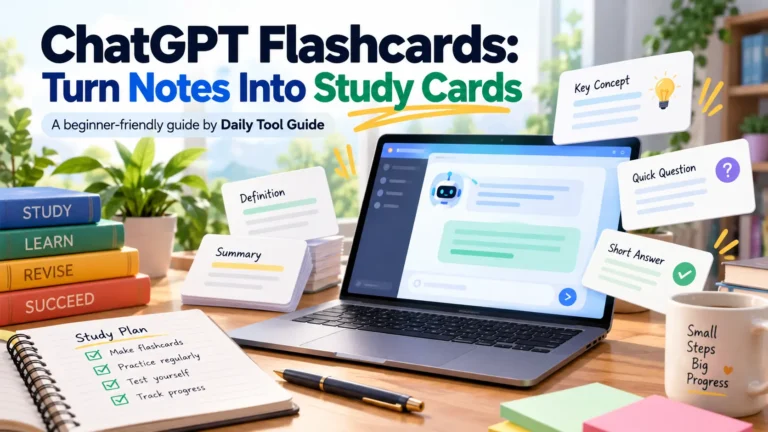 ChatGPT flashcards study guide showing AI-generated study cards, notes, and a laptop for exam revision