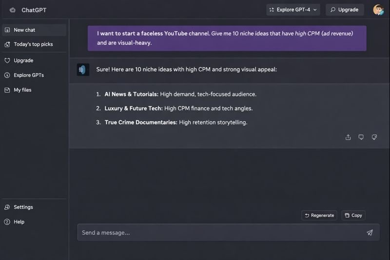 ChatGPT interface showing a prompt used to generate high CPM faceless YouTube channel niche ideas like AI News and Luxury Tech. ChatGPT interface showing a prompt used to generate high CPM faceless YouTube channel niche ideas like AI News and Luxury Tech.