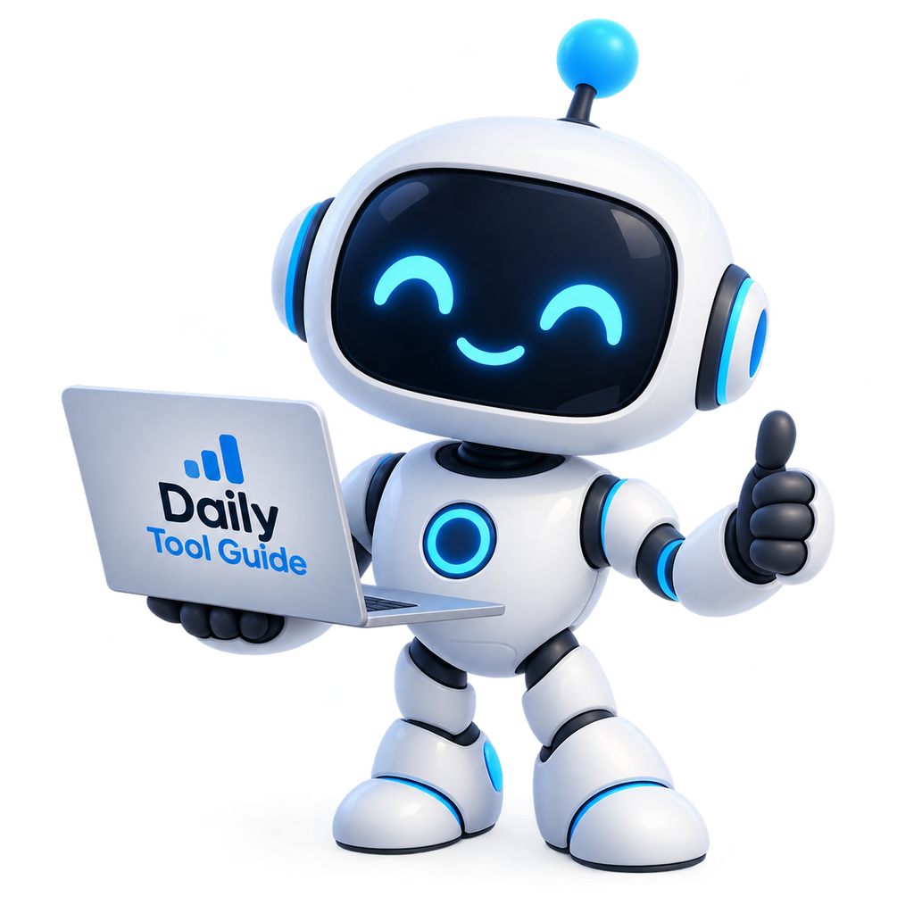 Daily Tool Guide AI robot mascot holding a laptop