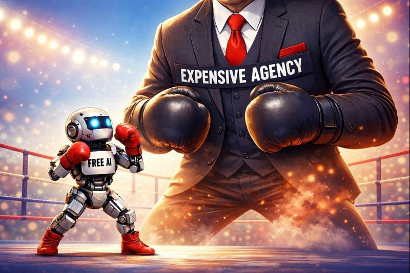 Small-robot-boxing-against-giant-businessman-representing-AI-tools-vs-marketing-agencies