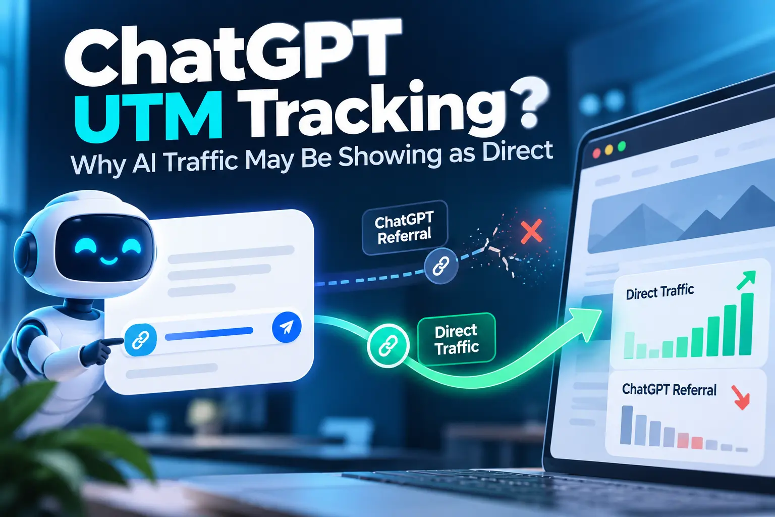 ChatGPT UTM tracking explainer showing AI referral traffic shifting toward Direct traffic in analytics