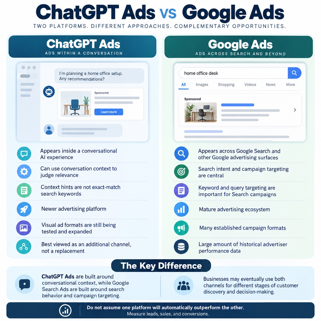 Infographic comparing ChatGPT Ads and Google Ads by placement, targeting approach, maturity, and advertising use case