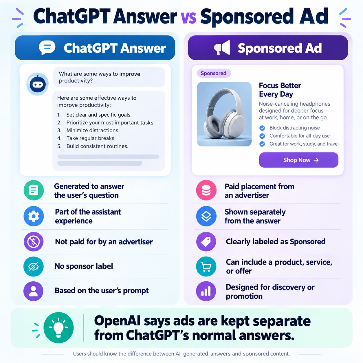 Infographic comparing a normal ChatGPT answer with a clearly labeled sponsored ad shown separately