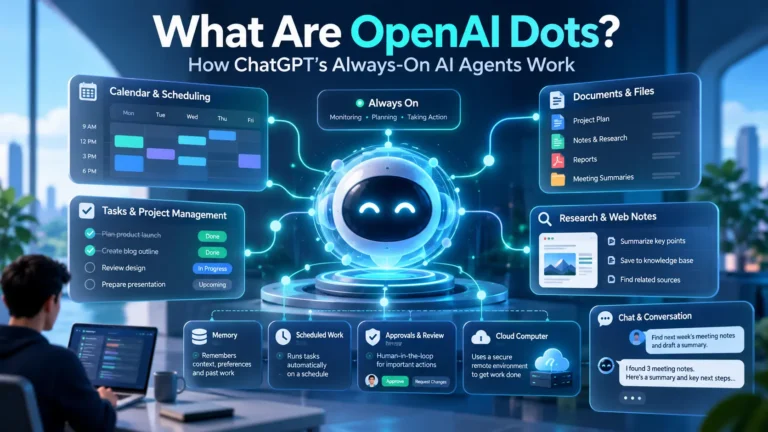 OpenAI Dots featured image showing an always-on AI agent connected to apps, tasks, memory, and a cloud computer